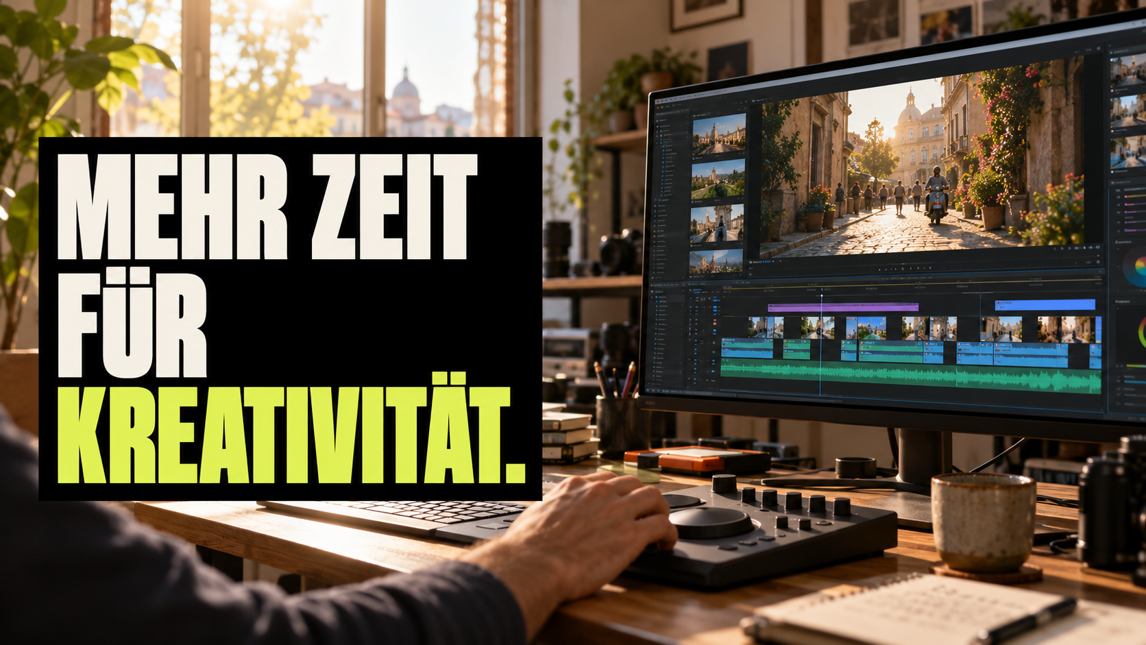Schnittplatz mit Videotimeline und der Aufschrift „Mehr Zeit für Kreativität“ in Weiß und Lime auf schwarzem Textfeld